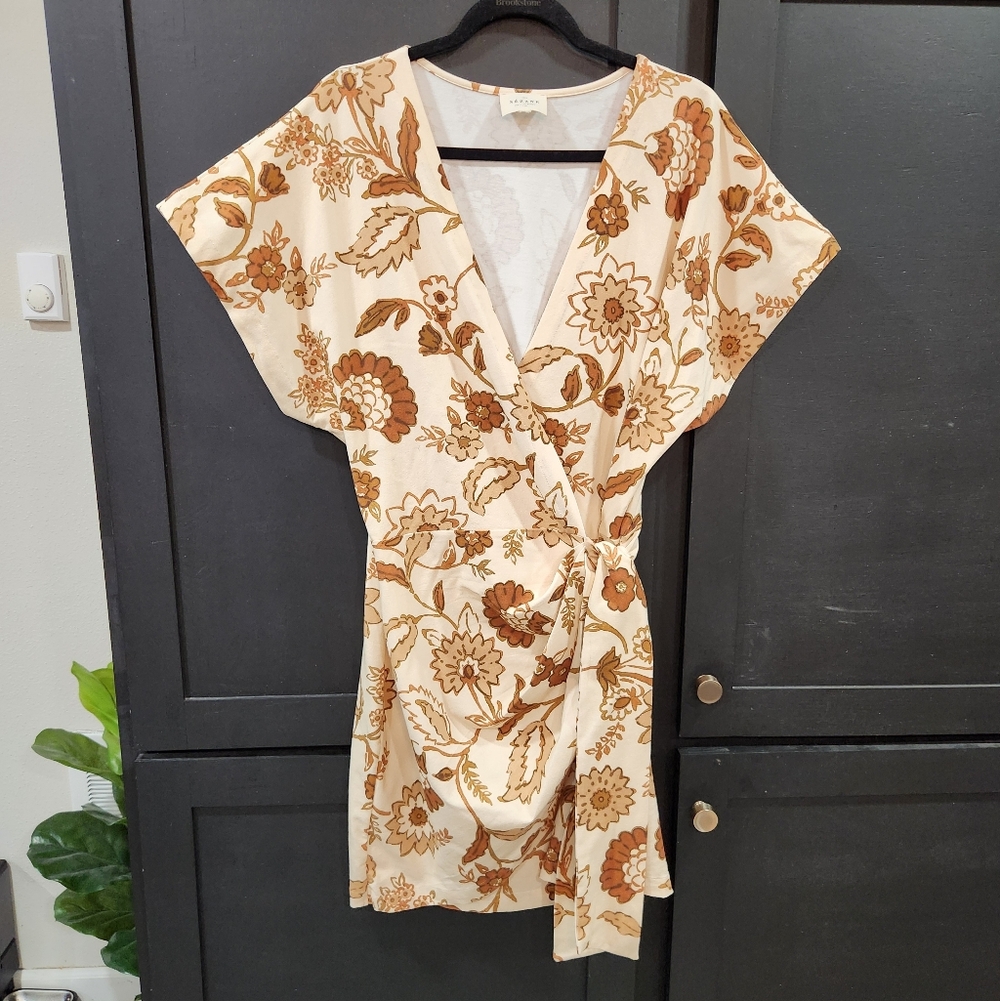 Sezane Cream Mini Dress with Brown Floral Print